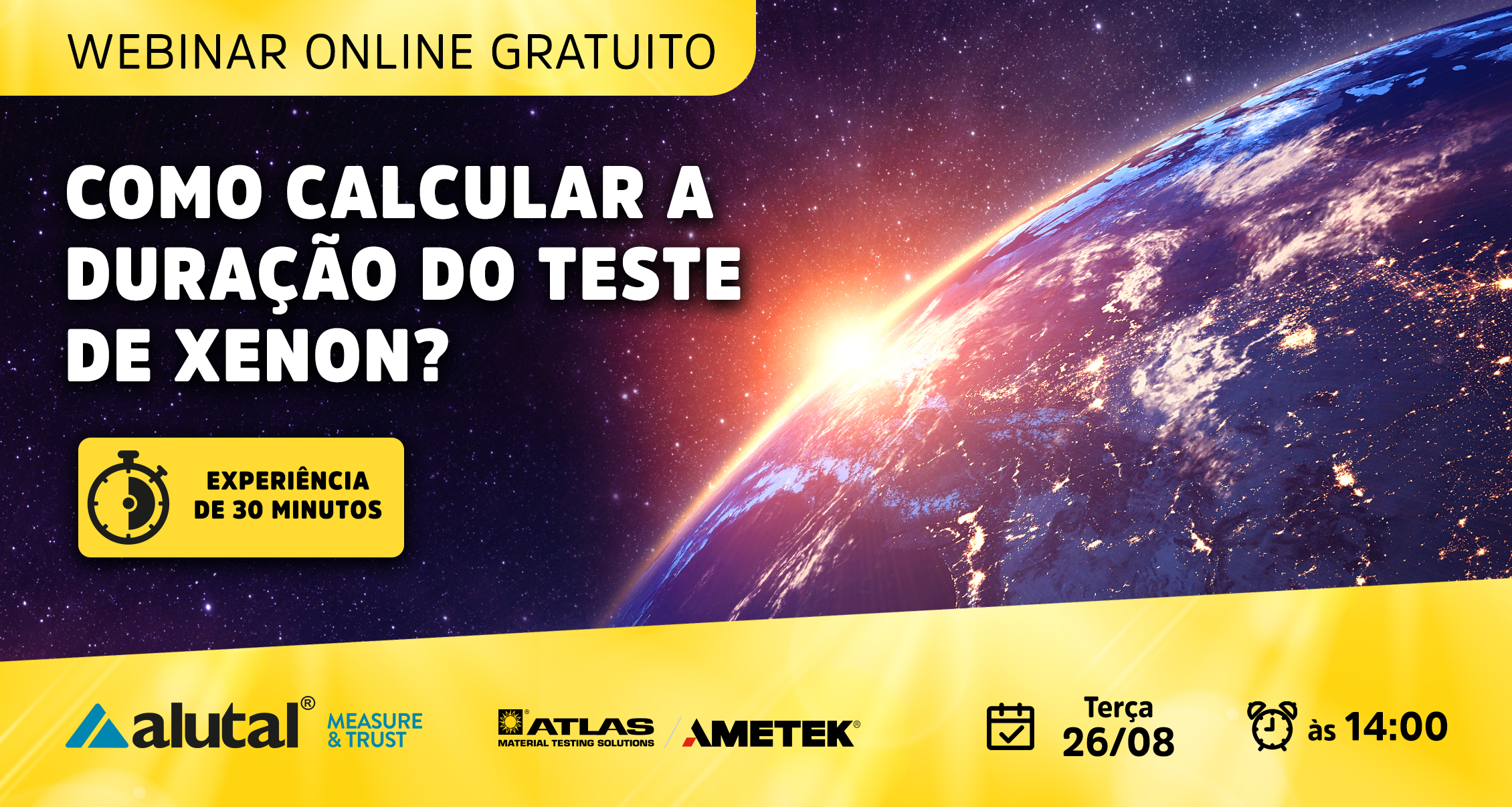 Webinar da Atlas Material Testing Technology sobre Cálculo de Duração de Testes com Arco de Xenônio (Xenon Arc)!